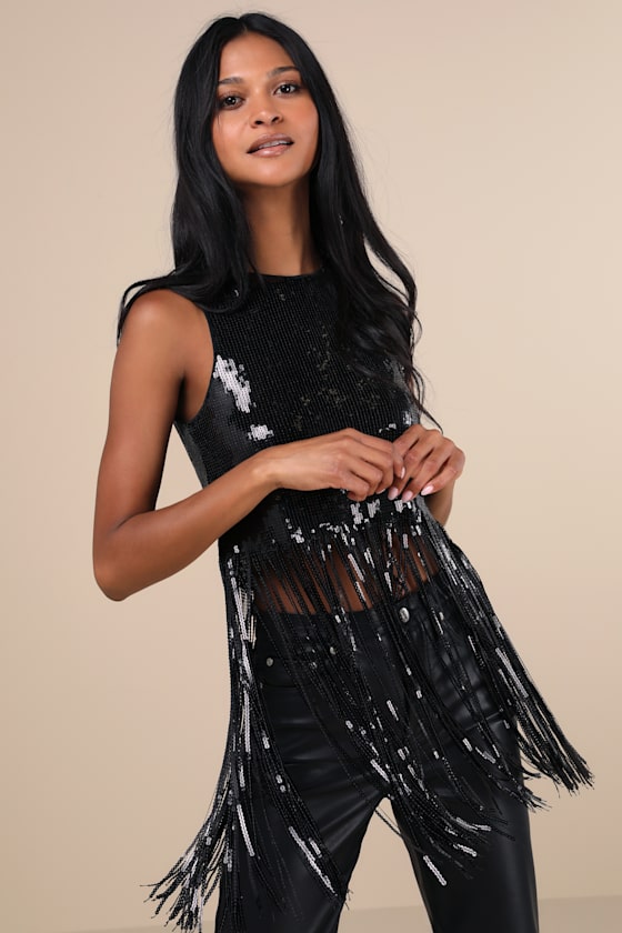 Lulus Exquisite Marvel Black Sequin Fringe Tank Top