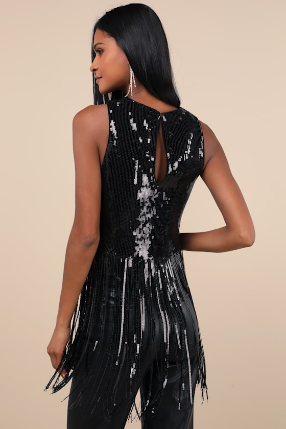 Lulus Exquisite Marvel Black Sequin Fringe Tank Top In Black