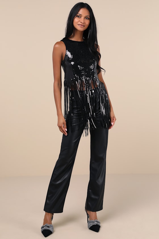 Lulus Exquisite Marvel Black Sequin Fringe Tank Top In Black