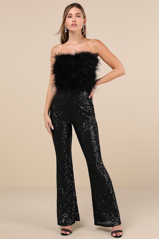 Lulus Unbelievable Energy Black Sequin Feather Strapless Jumpsuit