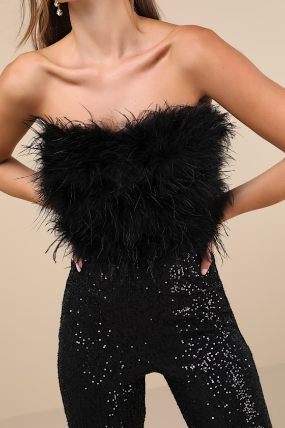 LULUS UNBELIEVABLE ENERGY BLACK SEQUIN FEATHER STRAPLESS JUMPSUIT 