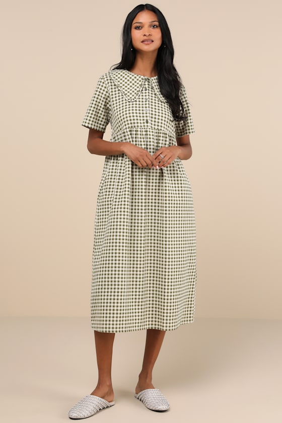 Motel Kior Olive Green Gingham Cotton Midi Dress
