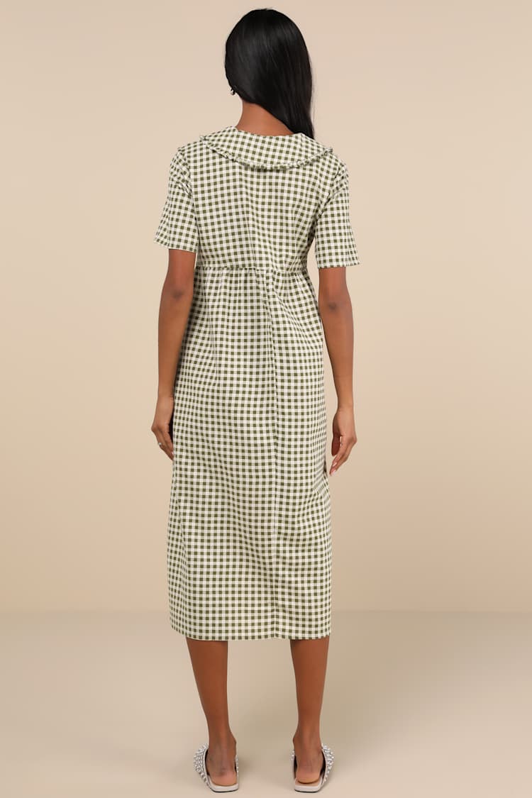 Kior Olive Green Gingham Cotton Midi Dress