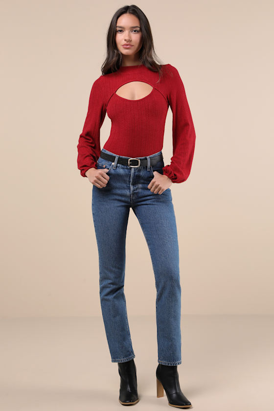 Lulus Simply Ideal Red Cutout Long Sleeve Top In Red