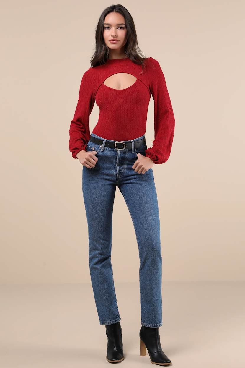 Simply Ideal Red Cutout Long Sleeve Top