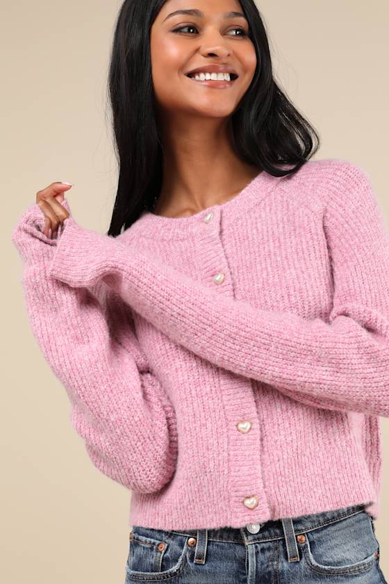 Coziest Crush Pink Marled Heart Button Cardigan 2
