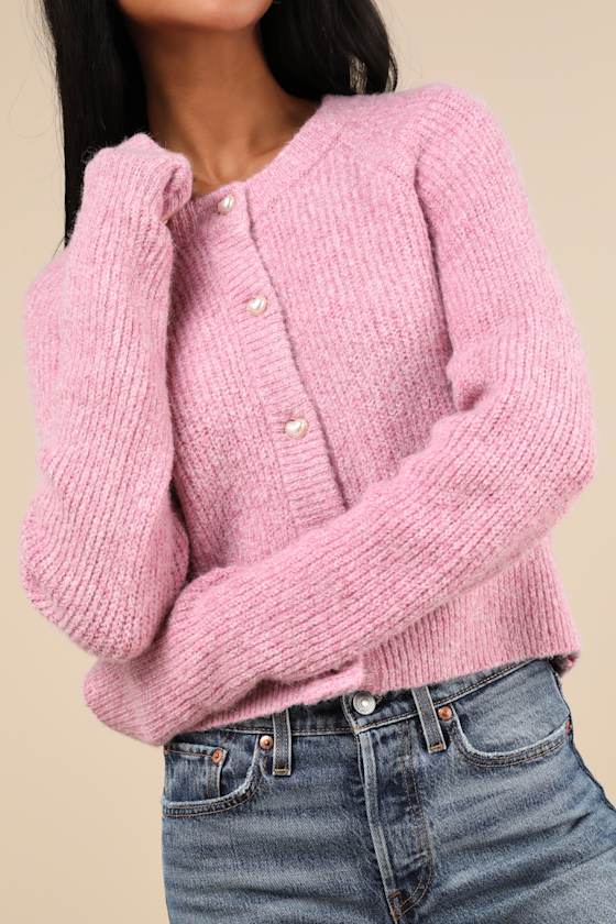 Coziest Crush Pink Marled Heart Button Cardigan - thumbnail 4