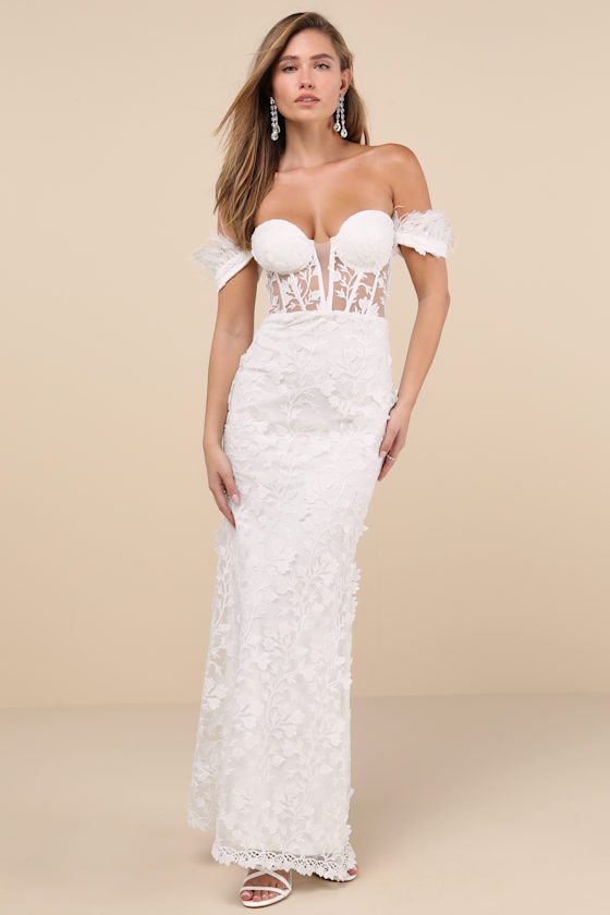 Midnight Sparkle White Embroidered Feather Bustier Maxi Dress 1