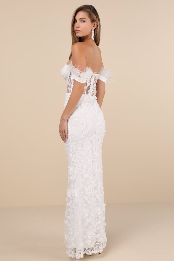 Lulus Midnight Sparkle White Embroidered Feather Bustier Maxi Dress In White