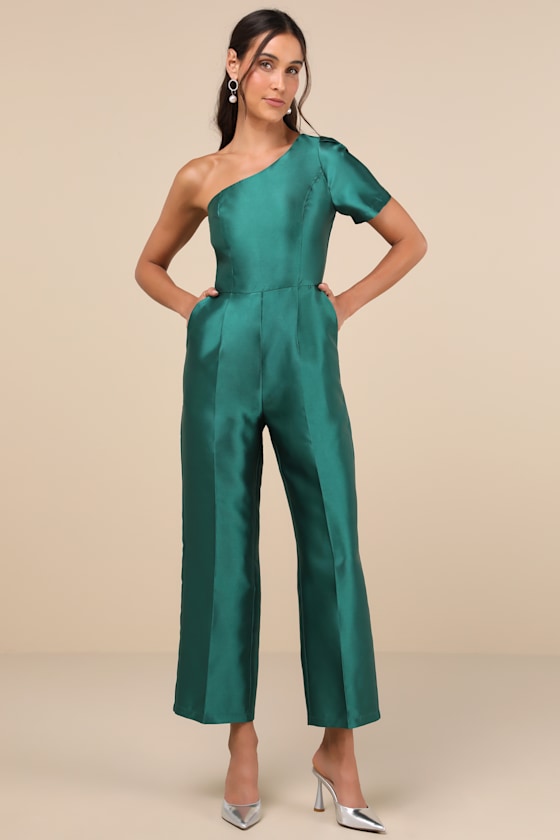 Lulus Divine Dream Emerald Satin One-shoulder Culotte Jumpsuit In Green