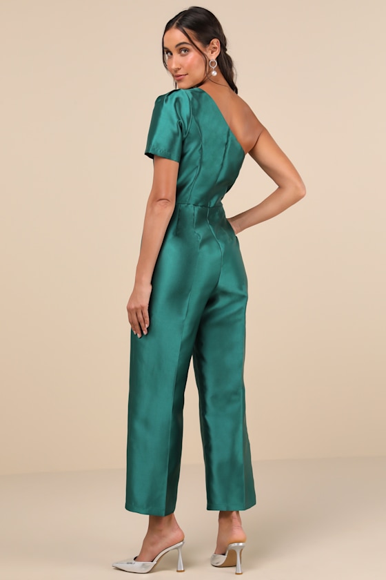 Lulus Divine Dream Emerald Satin One-shoulder Culotte Jumpsuit In Green