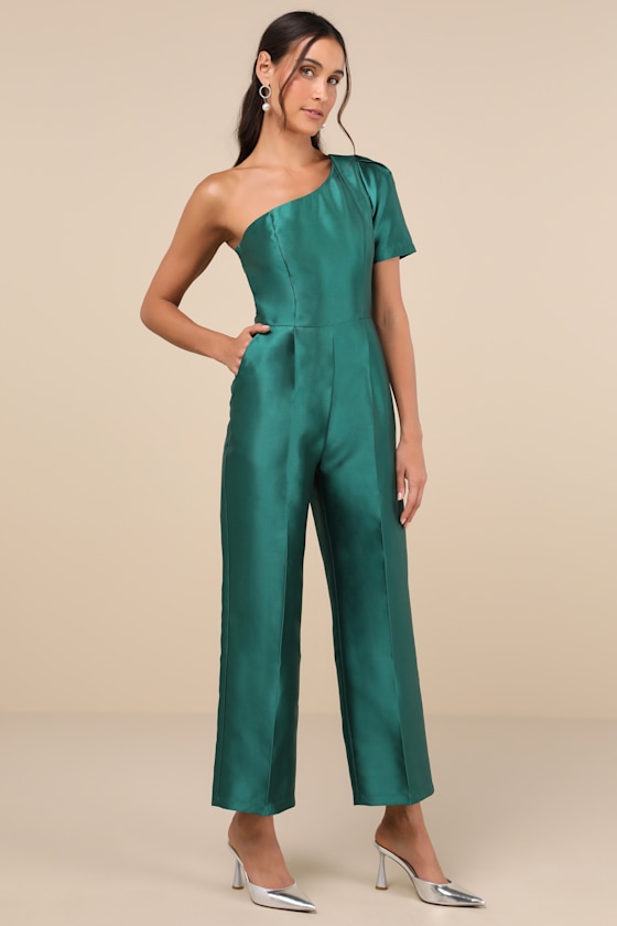 Lulus Divine Dream Emerald Satin One-shoulder Culotte Jumpsuit In Green