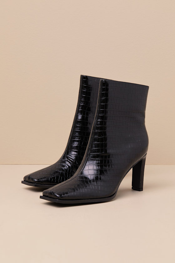 Lulus Korey Black Croc Square-toe Ankle Booties In Black