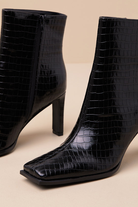 Lulus Korey Black Croc Square-toe Ankle Booties In Black