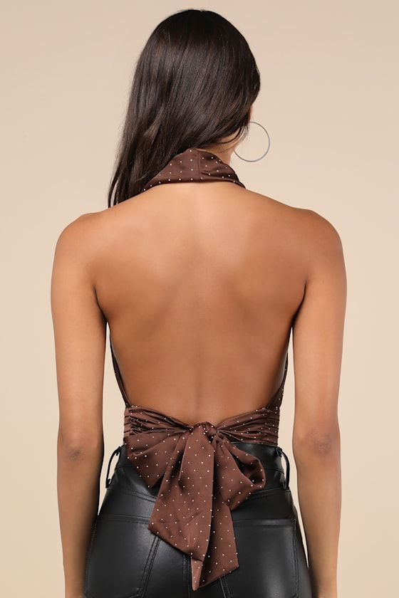 Lulus Notable Shine Brown Satin Rhinestone Halter Top In Brown