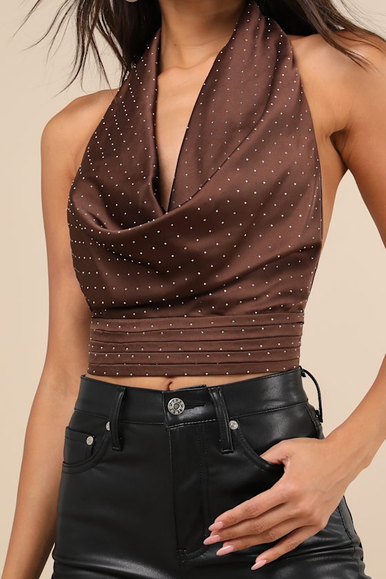 Lulus Notable Shine Brown Satin Rhinestone Halter Top In Brown