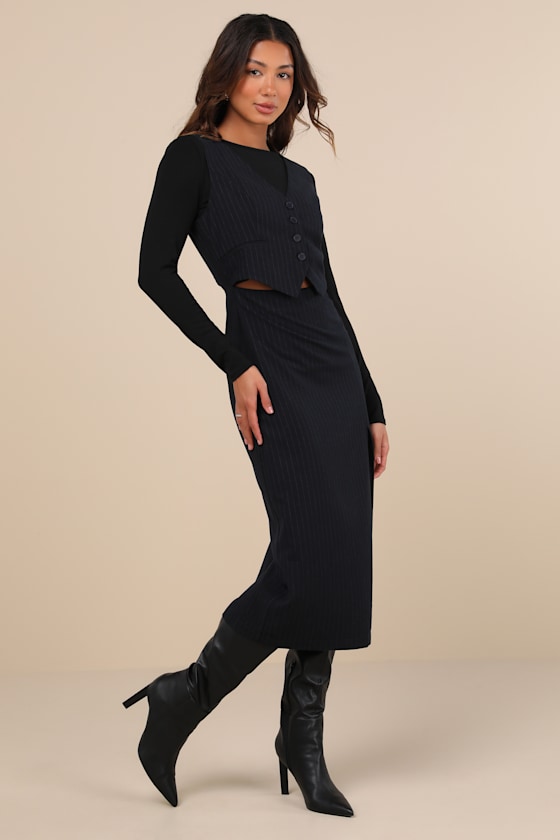 Lulus Posh Upgrade Navy Pinstriped Cutout Midi Dress In Navy