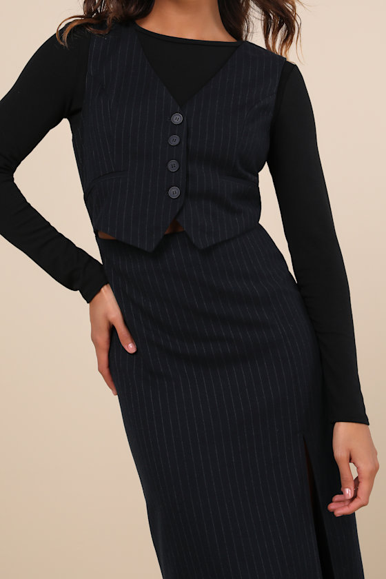 Lulus Posh Upgrade Navy Pinstriped Cutout Midi Dress In Navy