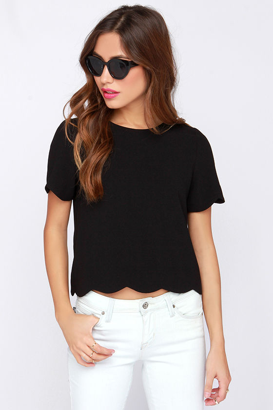 Cute Black Top Scalloped Top Short Sleeve Top 38.00 Lulus