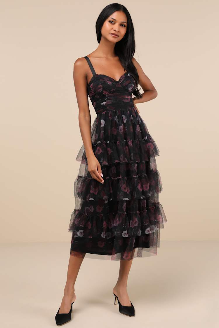 Black Floral Midi Dress - Mesh Tiered Dress - Bustier Midi Dress - Lulus