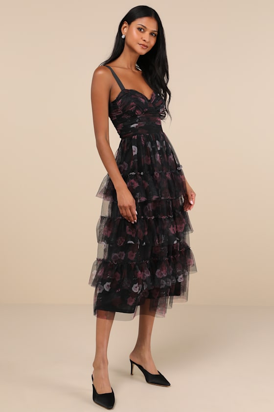 Lulus Sentimental Charisma Black Floral Mesh Tiered Midi Dress In Black