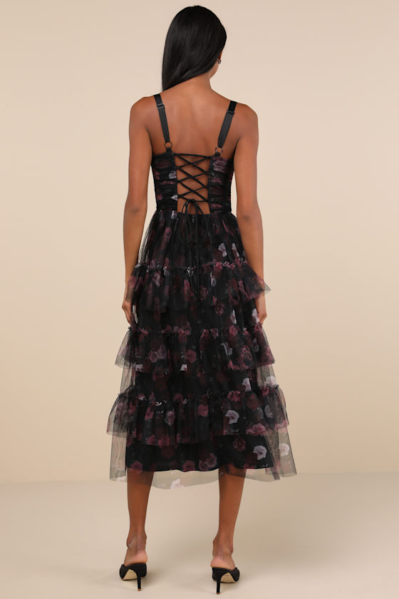 Lulus Sentimental Charisma Black Floral Mesh Tiered Midi Dress In Black