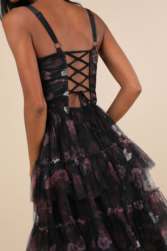 Lulus Sentimental Charisma Black Floral Mesh Tiered Midi Dress In Black