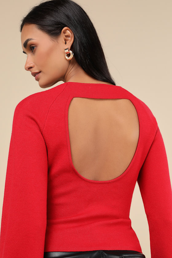 Lulus Modern Detail Red Cutout Bell Sleeve Sweater Top In Red