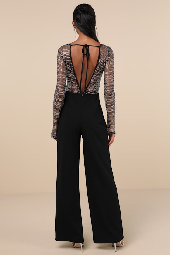 Lulus Beyond Glamorous Black Fishnet Rhinestone Jumpsuit In Black