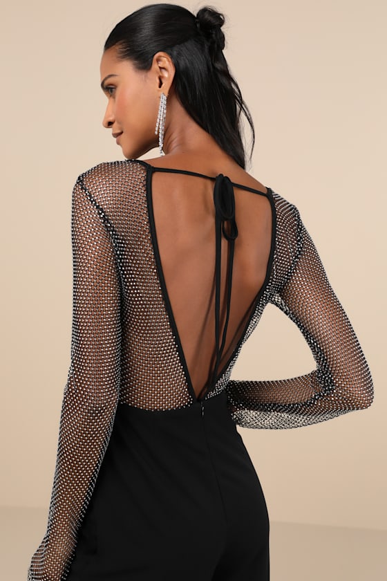 Lulus Beyond Glamorous Black Fishnet Rhinestone Jumpsuit In Black