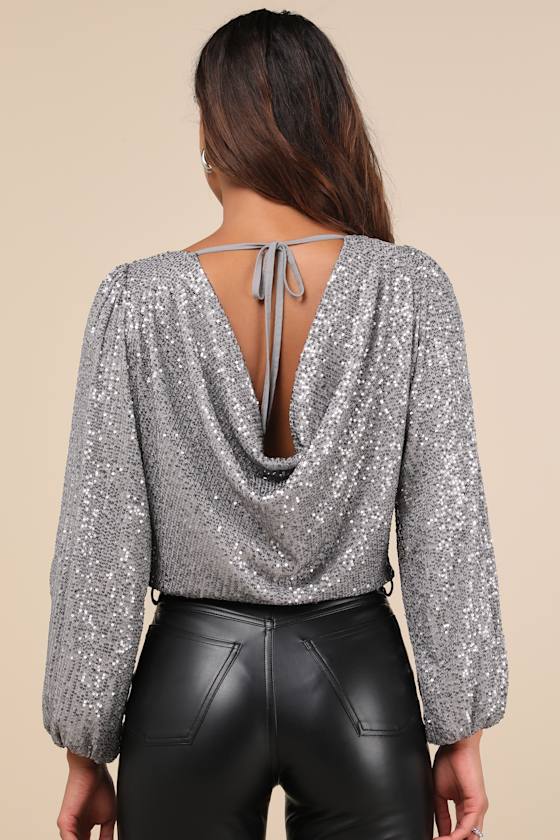 LULUS EVENING OF WONDER GREY SEQUIN LONG SLEEVE BODYSUIT