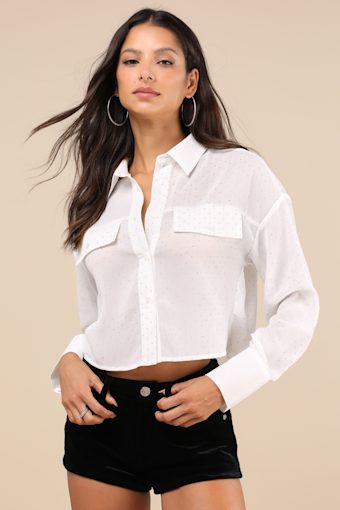 Energizing Glitter White Rhinestone Button-Up Top 1