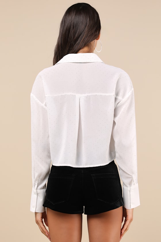 LULUS ENERGIZING GLITTER WHITE RHINESTONE BUTTON-UP TOP
