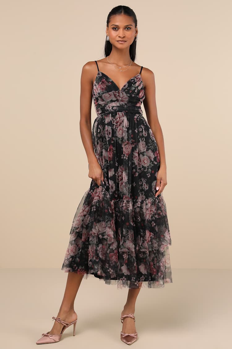 Extremely Fabulous Black Floral Mesh Tiered Midi Dress
