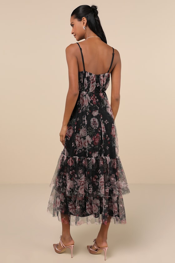 Extremely Fabulous Black Floral Mesh Tiered Midi Dress 4