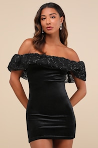 Lavishly Adored Black Tulle Velvet Off-the-Shoulder Mini Dress 10