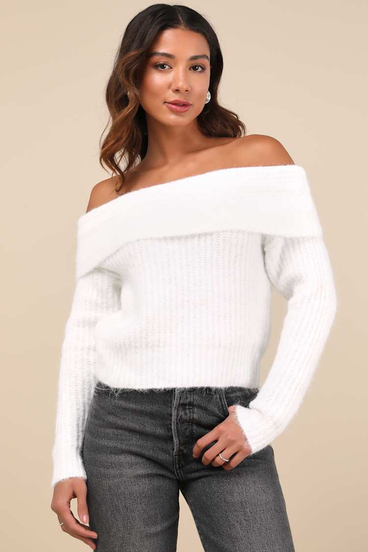 White Cut Out Shoulder Fluffy Sweater Silver Off The Shoulder - Main Image