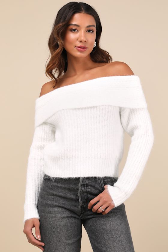 Cozy Outcome Ivory Fuzzy Off-the-Shoulder Sweater 5