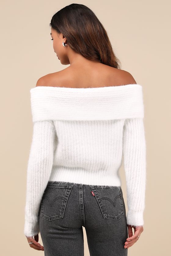 Cozy Outcome Ivory Fuzzy Off-the-Shoulder Sweater 6