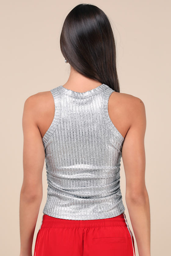 LULUS LIMELIGHT VIBES METALLIC SILVER TANK TOP