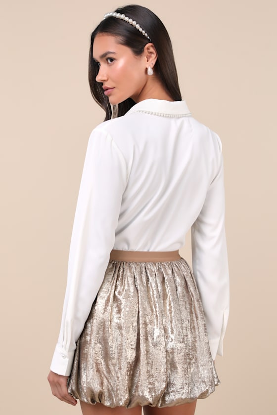 Lulus Envied Appeal Shiny Gold Bubble-hem Mini Skirt In Gold