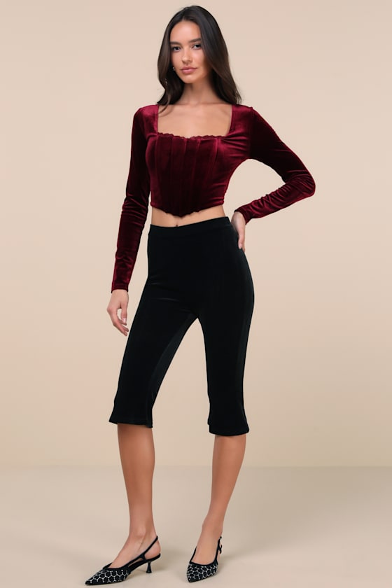 Lulus Captivating Poise Black Velvet High-rise Capri Pants In Black