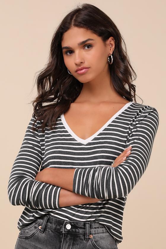 Lulus Daily 'fit Charcoal And Ivory Striped Long Sleeve Top In Ivory