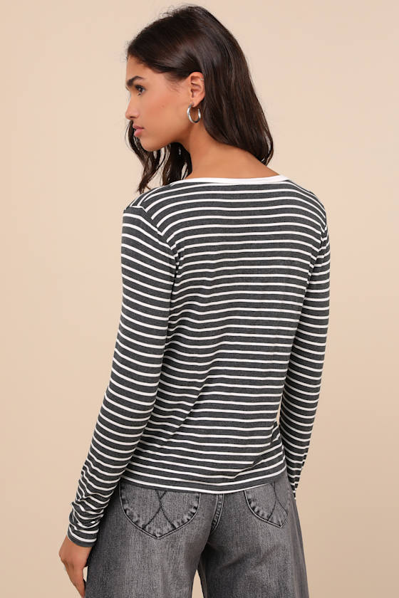 Lulus Daily 'fit Charcoal And Ivory Striped Long Sleeve Top In Ivory