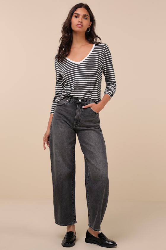 Lulus Daily 'fit Charcoal And Ivory Striped Long Sleeve Top In Ivory