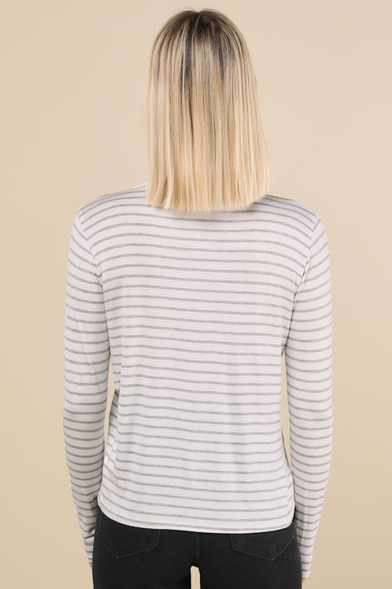 Lulus Daily 'fit Ivory And Grey Striped Long Sleeve Top In Ivory And Grey