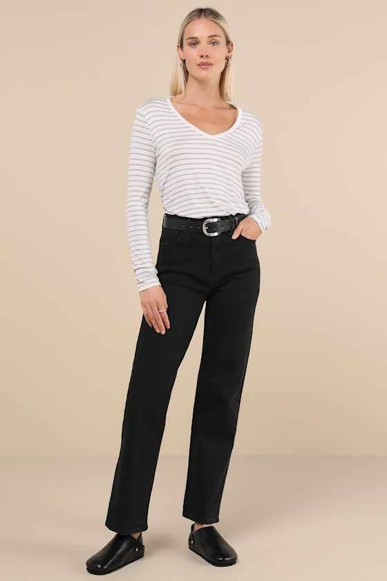 Lulus Daily 'fit Ivory And Grey Striped Long Sleeve Top In Ivory And Grey