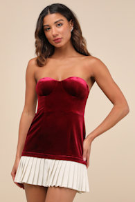 Elevated Invite Wine Red Velvet Strapless Mini Dress 5