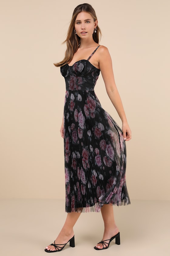 Lulus Alluring Invite Black Floral Pleated Bustier Midi Dress In Black