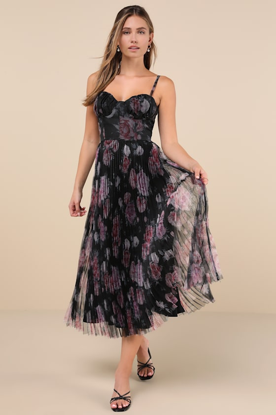 Lulus Alluring Invite Black Floral Pleated Bustier Midi Dress In Black